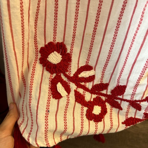 Luna Moon Off-Shoulder Red-White Embroidered Flowers and Tassel Mini Dress - Picture 7 of 12